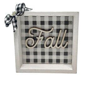 Mini Fall Buffalo Plaid Wood Sign Farmhouse Decor Black White Gingham Bow Autumn